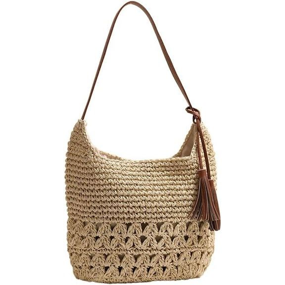 Women's Straw Woven Tote Bags Boho Handmade Crochet Wicker Hobo Shoulder Purse Summer Beach Travel Vacation Handbags