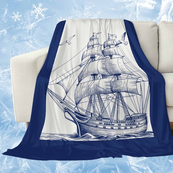 Nautical Ship Cooling Blanket,Lightweight Breathable Summer Throw Blanket with Double Sided Cold Effect,Blue Coastal Ocean Birds Boat Vintage Picnic Blankets Bed Sheet for Hot Sleepers 30"x40"