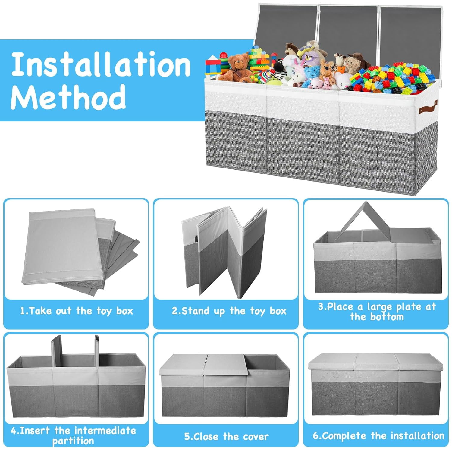 Large Foldable Toy Storage Bin 96x36x40cm - Collapsible Organizer Box with Lid, White & Gray Multi-Purpose Home Storage for Toys, Clothes, Blankets