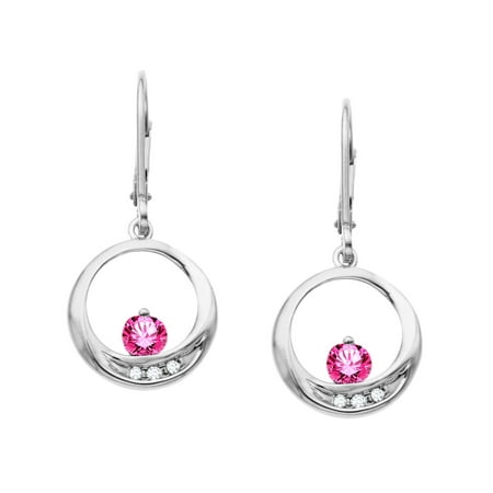 3/8 ct Created Pink Sapphire Circle Drop Earrings with Diamonds in 10kt White Gold