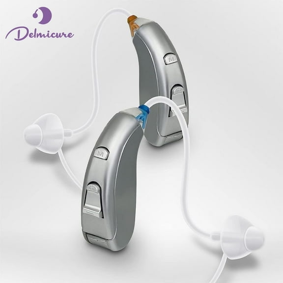 Delmicure Hearing Aids for Seniors with Replaceable Battery, BTE Sound Device with Adjustable Volume and 4-Mode, VHP-702 Gray - Banural
