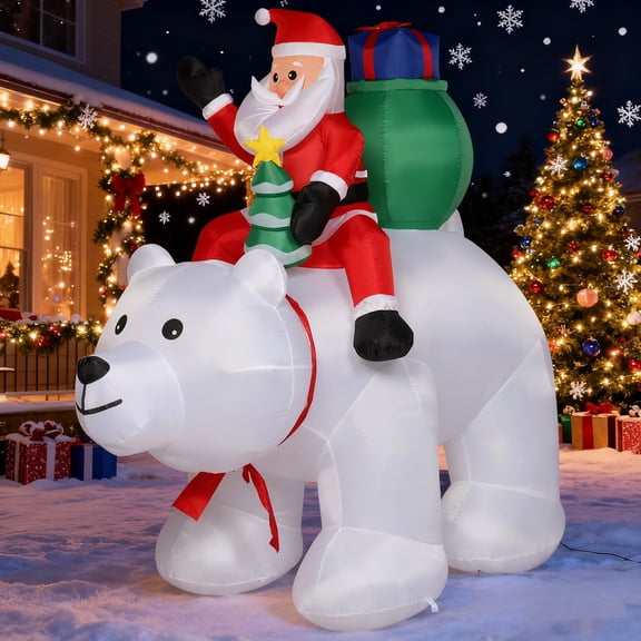 iCapeson 6ft Inflatable Santa Claus Riding Polar Bear, Outdoor Christmas Decoration with 7 LED Lights, Blow-Up Yard Decor for Lawn & Garden w/ Blower & Stakes