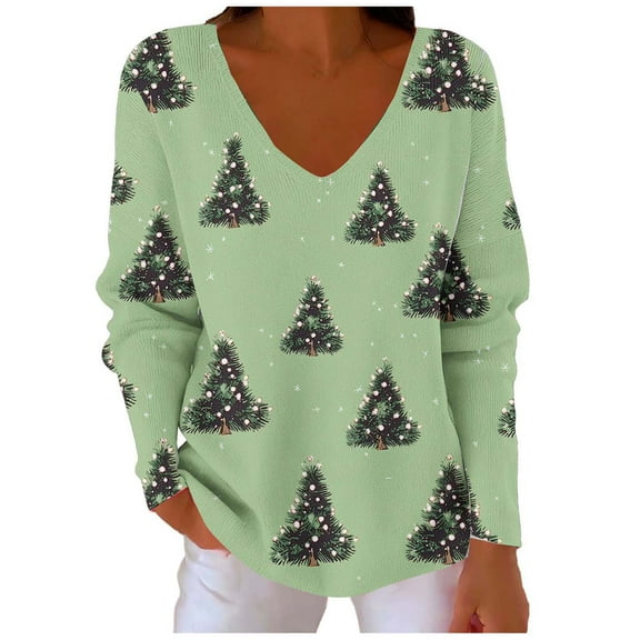 NTACZA Knit Womens Tops Green V-Neck Long Sleeve Christmas Elegant Dressy Graphic Blouses Womens Tshirt L