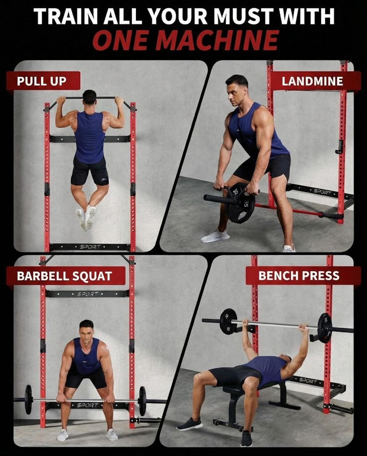 Folding Squat Rack for Home Gym, 1000 LBS Capacity Wall Mounted Squat Rack with Pull Up Bar, j Hooks, and 360° Landmine, 2.36" x 2.36" Foldable Squat Rack, Space-Saving Home Gym