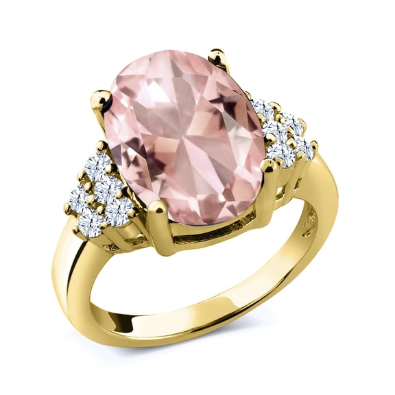 Gem Stone King 5.03 Ct Oval Peach Simulated Morganite 18K Yellow Gold Plated Silver Ring (Size 8)