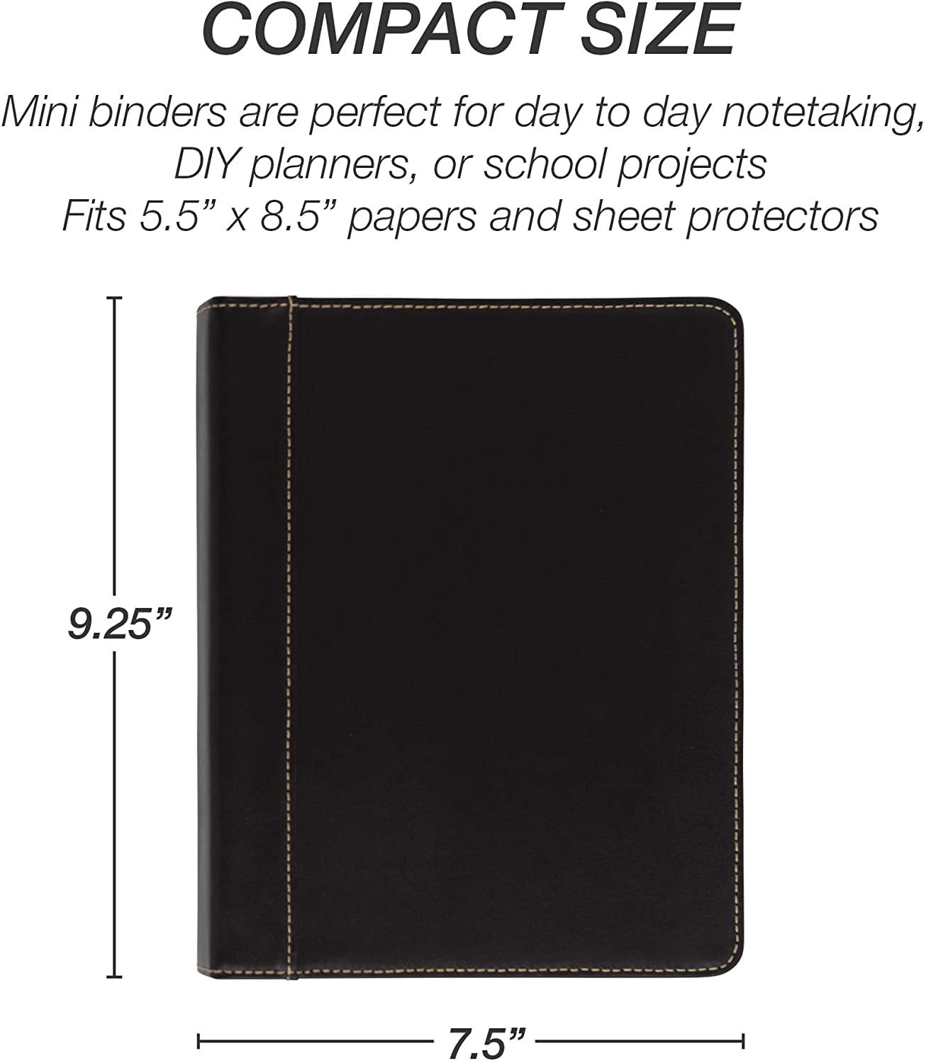 Samsill 1" Junior Size Contrast Stitch Leather 3 Ring Binder, Holds 8.5 x 5.5" Paper Size, Portfolio Organizer, Black