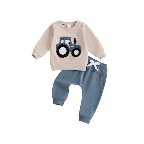 Toddler Baby Boy Outfits 3 6 12 18 24 Months 2T 3T Tractor Embroidery Long Sleeve Sweatshirt with Solid Long Pants Set for Spring Fall