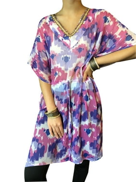 Mogul Women Kaftan Dress Soft Chiffon Pink Blue Floral Printed Midi Caftan,Summer Beach Style Short Loose Kaftan Dresses S/M/L