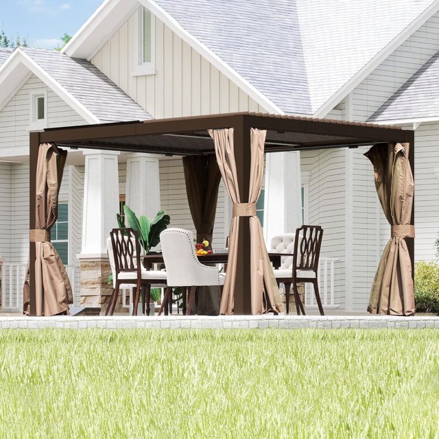Domi Outdoor Living 10' x 12' Aluminum Louvered Pergola, Adjustable Roof Louvers, All-Aluminum Frame with Built-In Gutter System for Deck, Garden, or Backyard, Brown