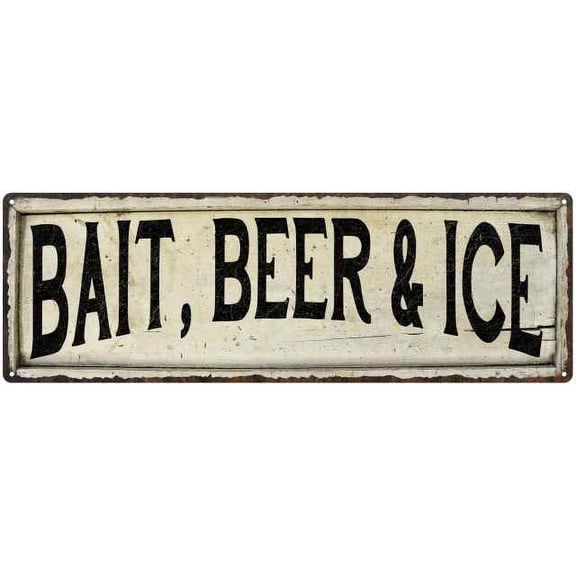 BAIT, BEER & ICE Farmhouse Style Wood Look Sign Gift 6x18 Metal Decor 106180028083