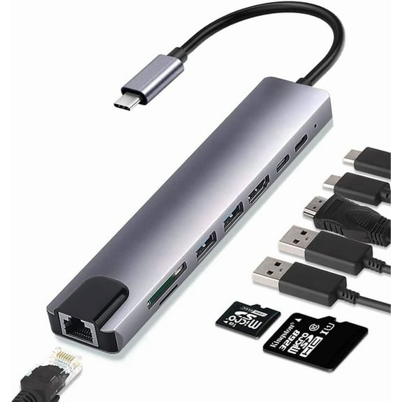 USB C Hub Multiport Adapter, 8-in-1 USB-C Hub with 4K HDMI, RJ45 Ethernet, 87W PD, SD/TF Card Reader, USB-C Data Port Docking Station Compatible with MacBook Pro/Air/iPad Pro/XPS