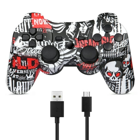 Controller for PS3 Wireless Controller for Sony Playstation 3, Double Shock 3, Bluetooth, Rechargeable, Motion Sensor, 360° Analog Joysticks, Remote for PS3, 2 USB Charging Cords, Skull