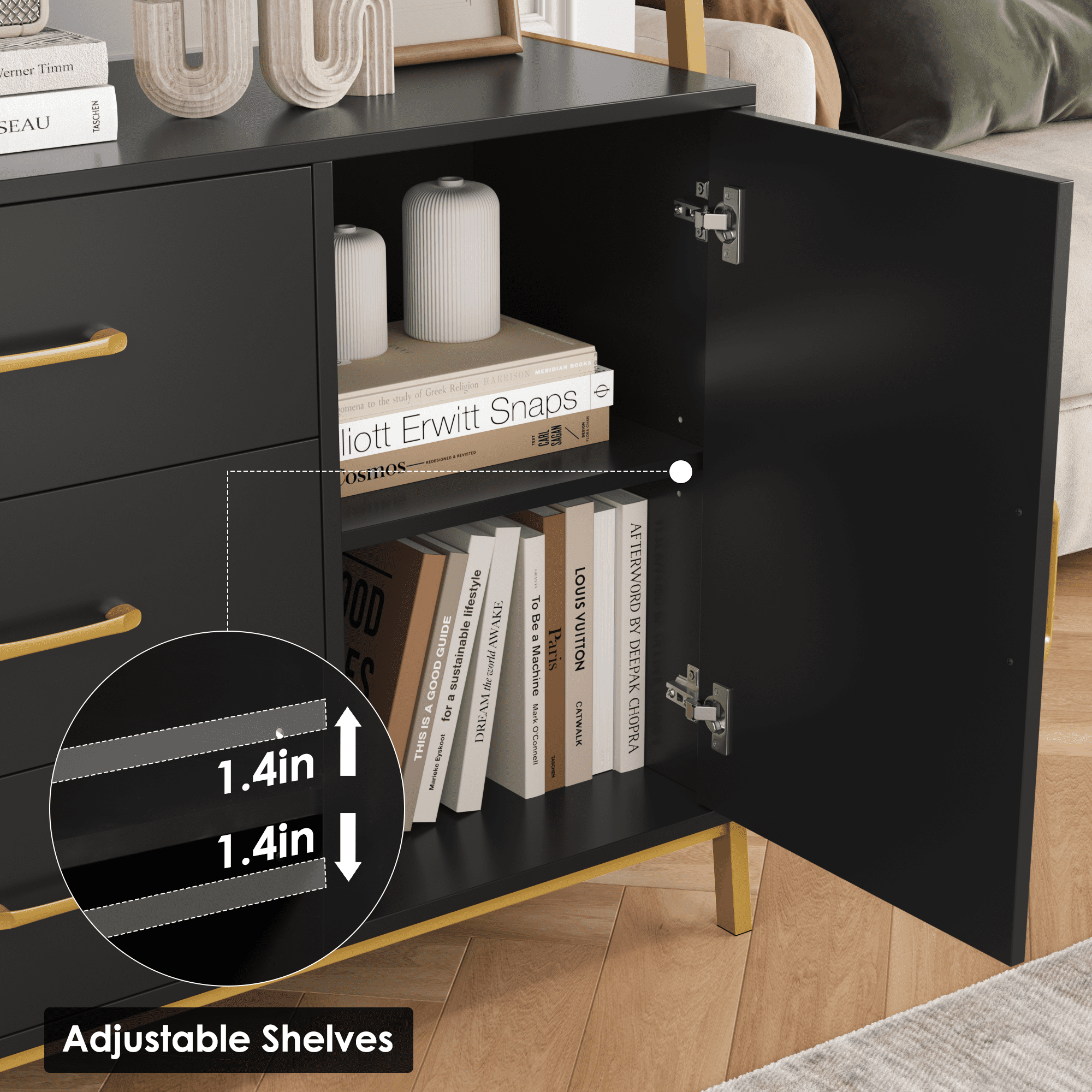 Homfa 3 Tier Display Storage Shelves with 3 Drawers, Gold Metal