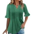 thumbnail image 2 of Summer Womens Plus Size Tops Elbow-Length Dressy Blouses Crew Neck Pleated Front Casual Loose Tunic Tops Summer Shirts with Button S-2XL, 2 of 9