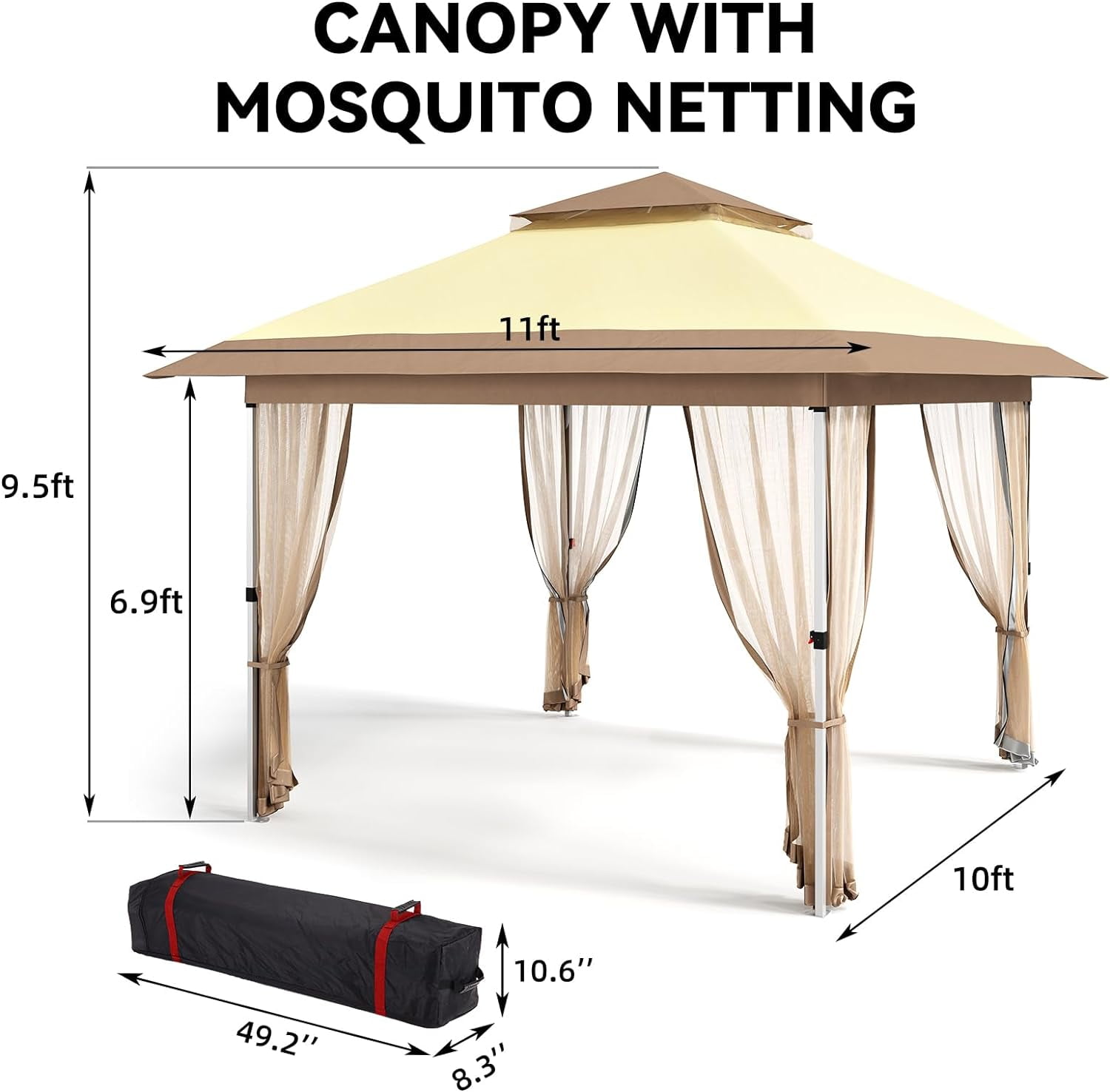 Senfot 10x10 FT Outdoor Folding Gazebo Canopy Tent with Mosquito Net Waterproof Windproof UV Proof for Camping Party Beige