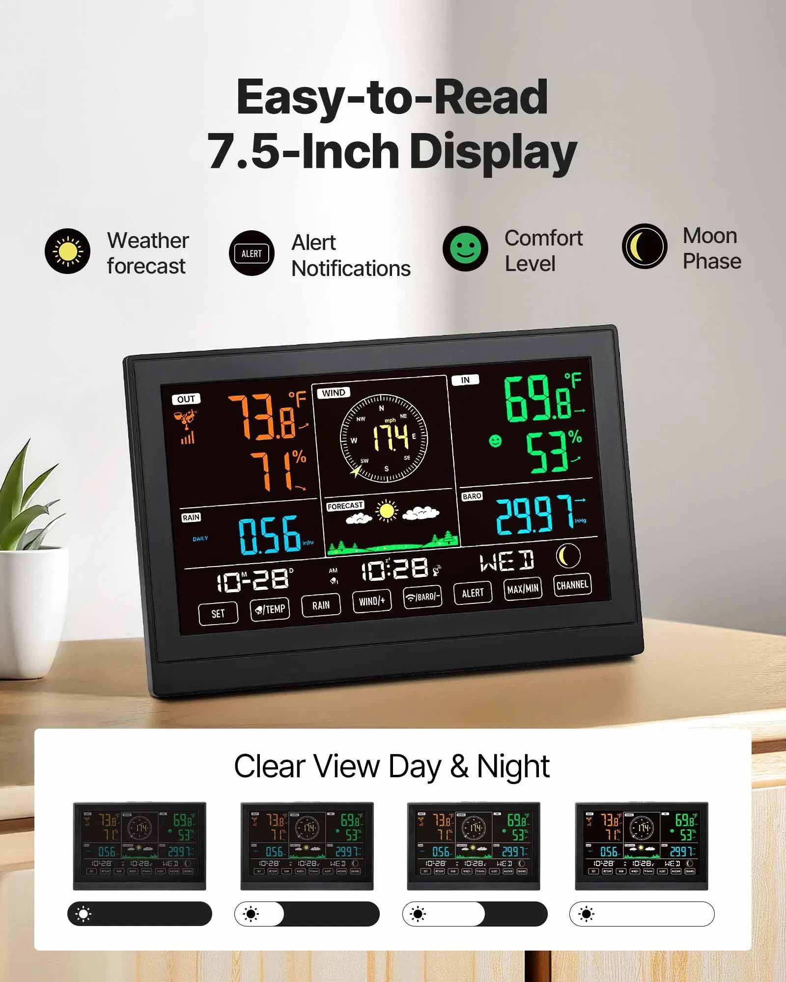 5-in-1 Wireless Weather Station 7.5 in Display Indoor Outdoor Thermometer Sensor