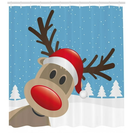 Christmas Shower Curtain Reindeer Rudolph With Red Nose And Santa