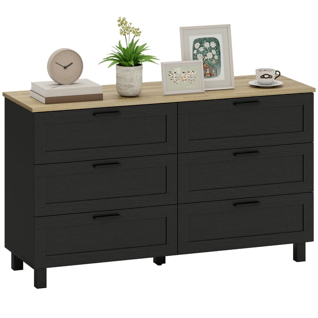 HOMCOM Commode à 6 Tiroirs, Commode Double pour Chambre, Noir