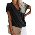 thumbnail image 3 of Women Solid Color V Neck Batwing Sleeve Cross Drape Front Buttons T-Shirt, 3 of 5
