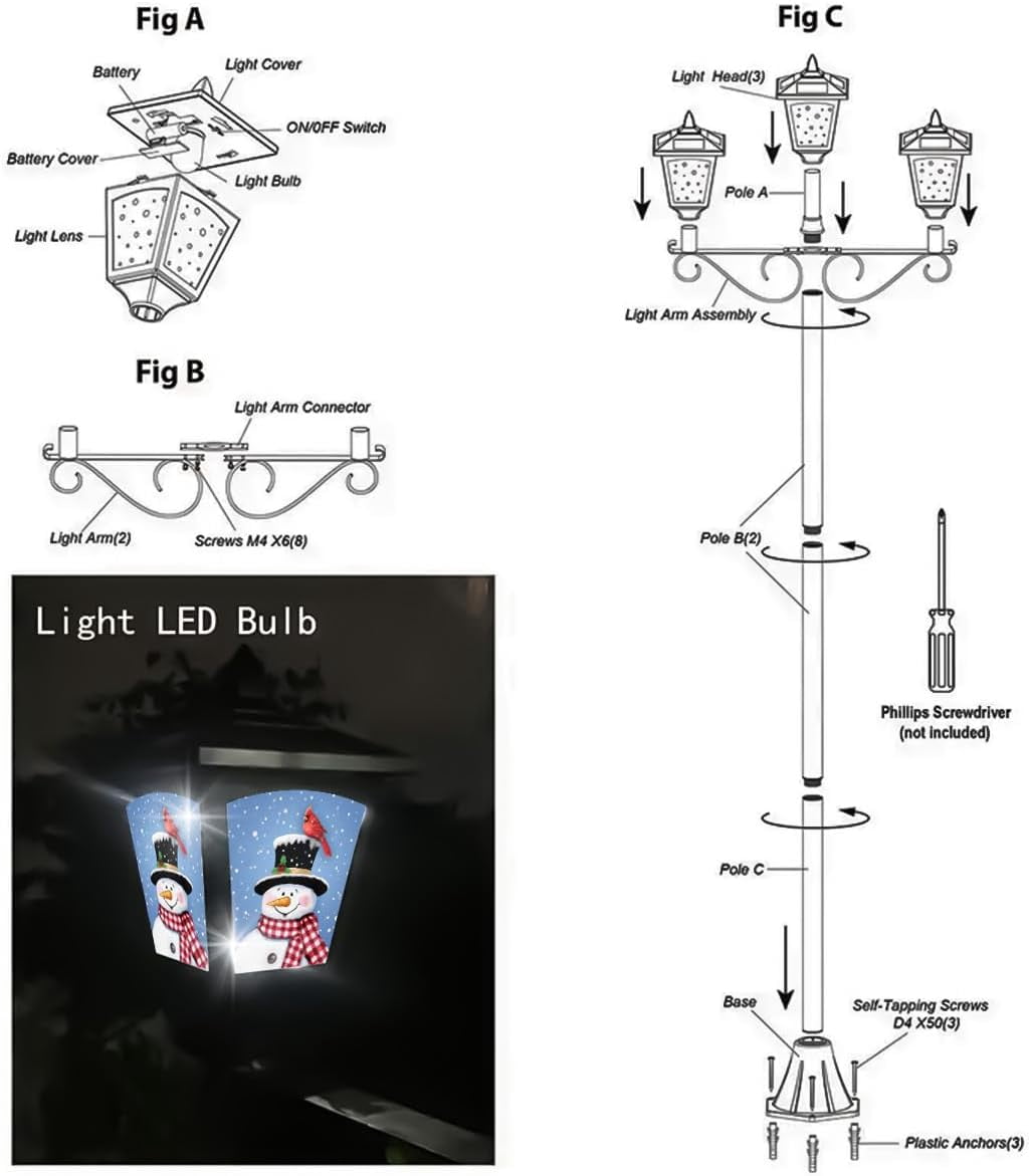 Solar Fence Post Light 72" Outdoor Waterproof, Black Vintage Lamp with Snowman Red Bird Christmas Decoration