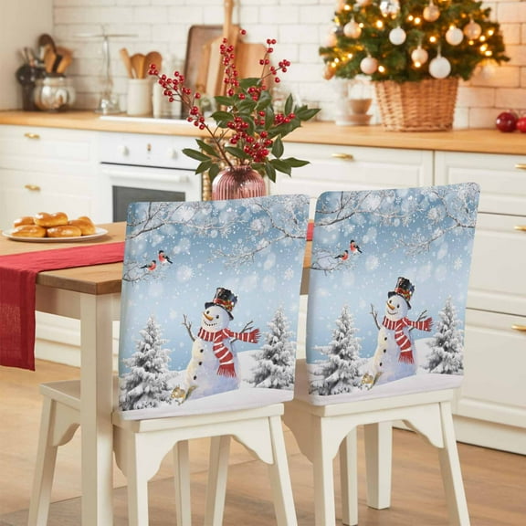 Blue Christmas Chair Covers Set of 4 Snowman Snowflake Xmas Tree Bird Winter Chair Back Covers Stretch Removable Washable Slipcovers Protector for Dining Room Kitchen Party Decor