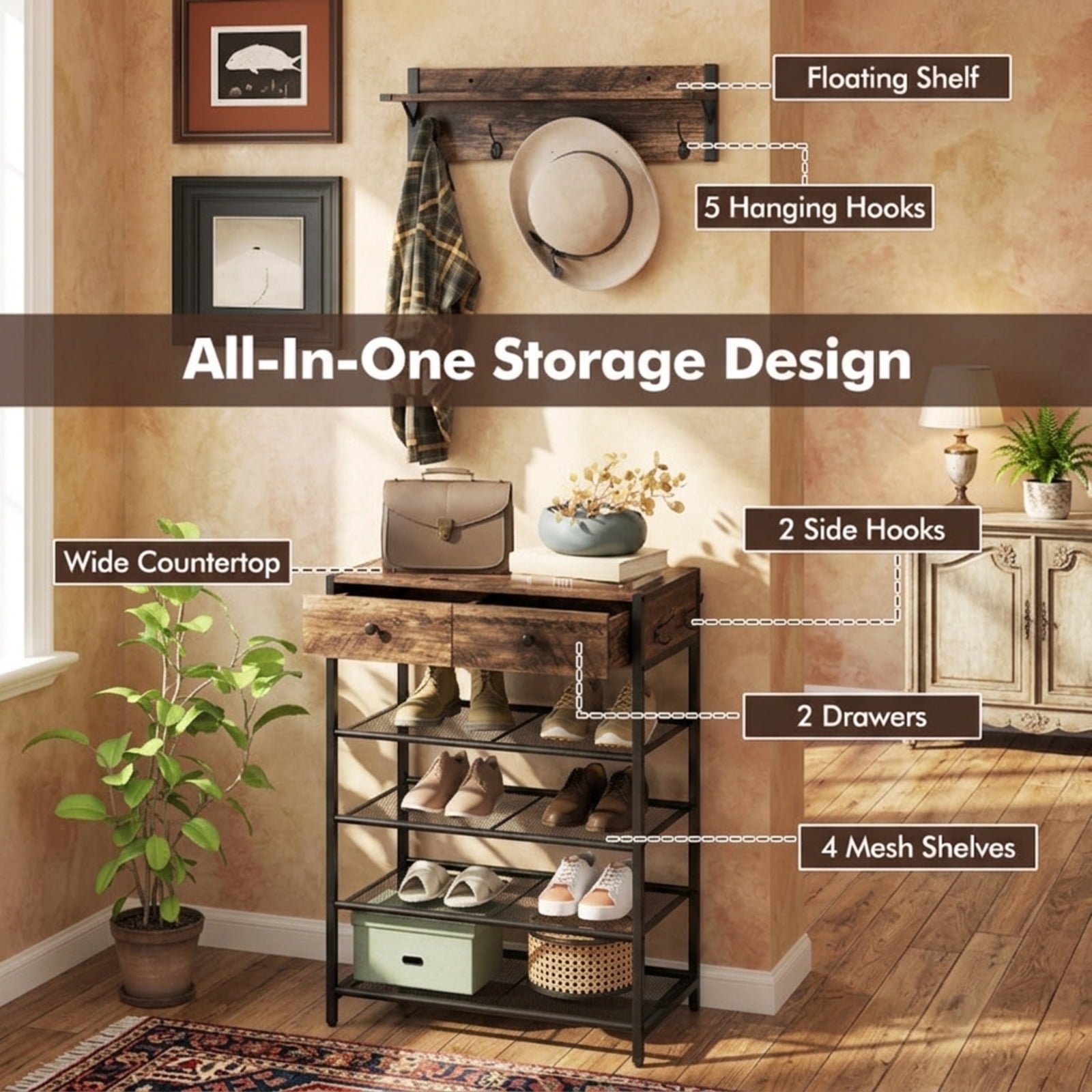 Furnibear 2 Piece Coat and Hat Rack Shoe Stand Set with Wall Mounted Hanger 5 Hooks Floating Shelf 2 Drawers and 4 Mesh Shelves for Entryway, Brown