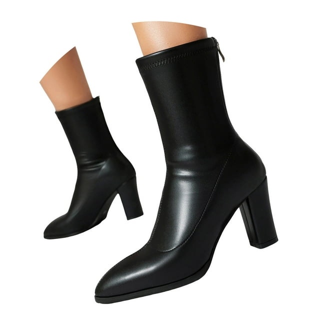 Leozcaa Bottines pour Femmes Bout Pointu Talon Épais Bottines Mi-Mollet Automne