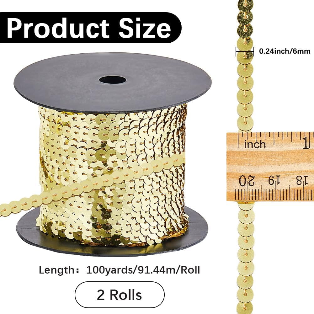 2 Rolls 200 Yards Gold Sequin Trim Sequins Beaded Strip Trimmig Ribbon Flat Spangle Metallic Glitter Paillette String Bulk Roll for Clothes Dresses Costume Craft Diy Home Decor Yellow DIY