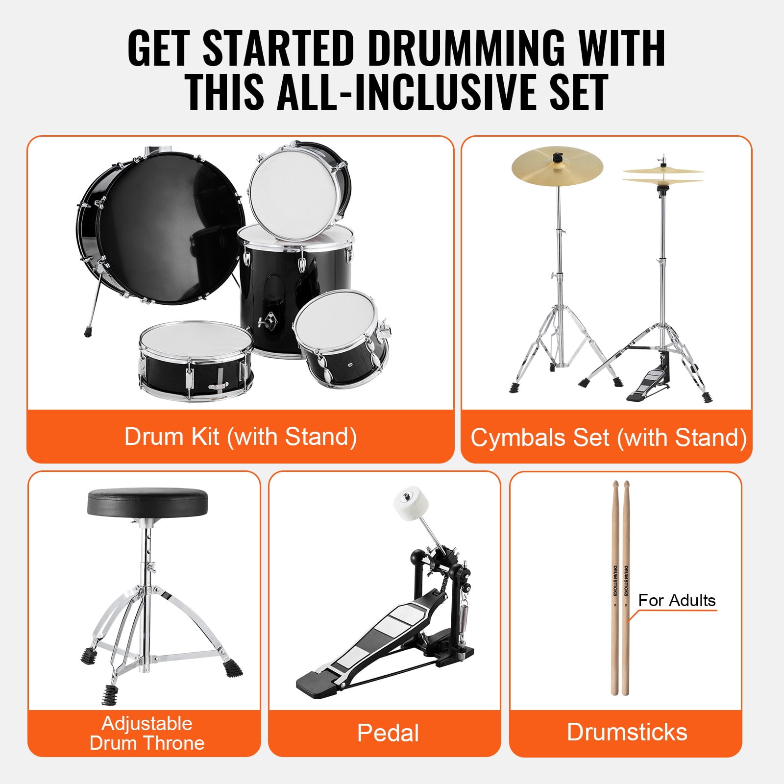 KFFKFF Mature Drum Collection, Quintet, 22-inch Comprehensive Large Drum Ensemble with Bass, Toms, Snare, Ground Drum, Modifiable Stool, Stands, Cymbal, Hi-Hat Pedal, and Drumsticks