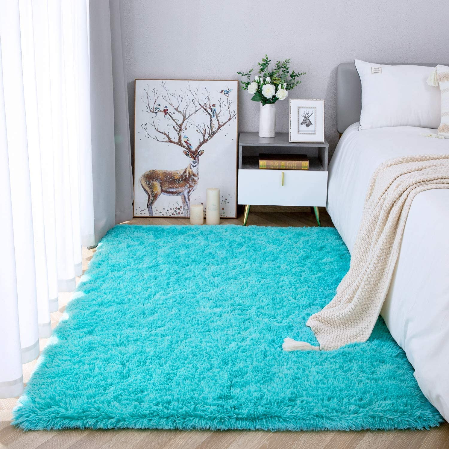 Kids Teal Blue Shaggy Rug Childrens Bedroom Shaggy Soft Non Shed Easy Clean Mat 