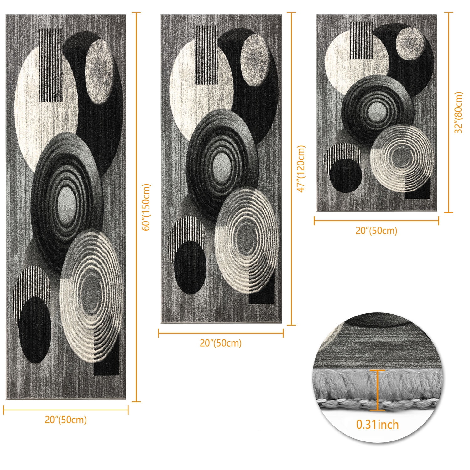 3-Piece Farmhouse Kitchen Rug Set, Washable Anti Slip Striped Floor Mats in 3 Sizes, Stain Resistant Decor Rugs for Kitchen Hallway Bathroom Home Christmas Decor