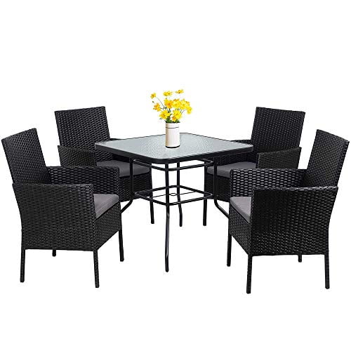 Walsunny 5 Piece Indoor Outdoor Wicker Dining Set Furniture Square Tempered Glass Top Table With Umbrella Hole 4 Chairs Black Grey Cushions Canada Walsunny 5 Piece Indoor Outdoor Wicker, Well Made Outdoor Furniture