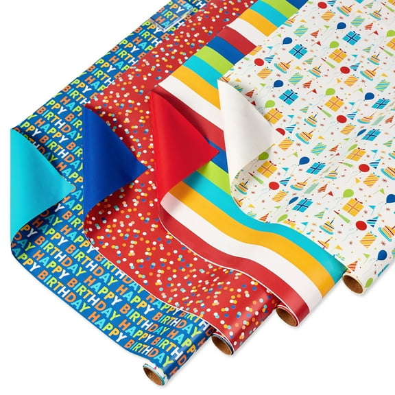 American Greetings Reversible Happy Birthday and All-Occasion Wrapping Paper, Bright Colors (4 Rolls, 160 sq. ft.)