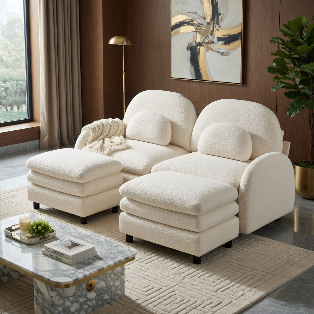 Hommoo Teddy Fleece 2-Seat Modular Loveseat Sofa with Curved Backrest, Removable Ottoman & Lumbar Pillows, Cloud-Like Comfort Sectional Couch, Beige