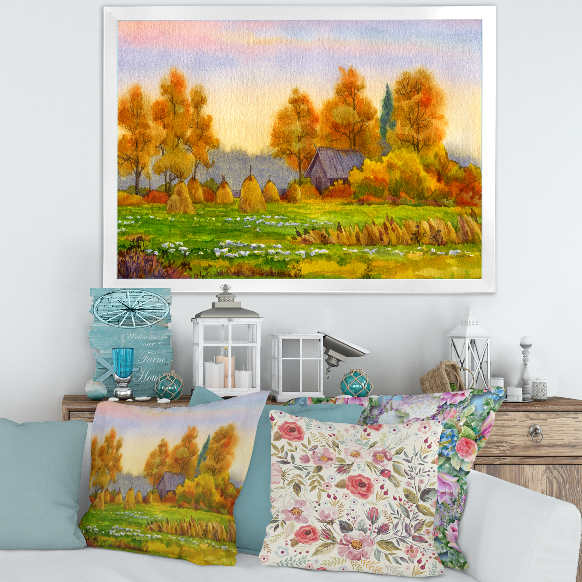 Designart 'Orange Fields With Haystacks I' Lake House Framed Art Print
