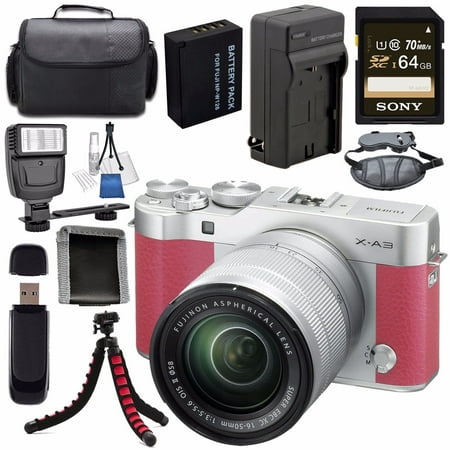Fujifilm X-A3 Digital Camera w/16-50mm Lens (Pink) + NP-W126 Lithium Ion Battery + External Rapid Charger + Sony 64GB SDXC Card + Case + Tripod + Flash + Card Reader + Card Wallet