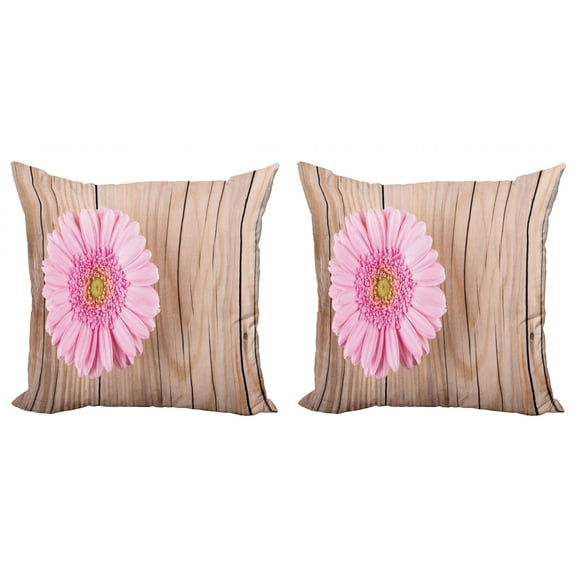 Ambesonne Floral Throw Pillow Cover 2 Pack, Pink Gerber on Wooden, 18", Pink Brown