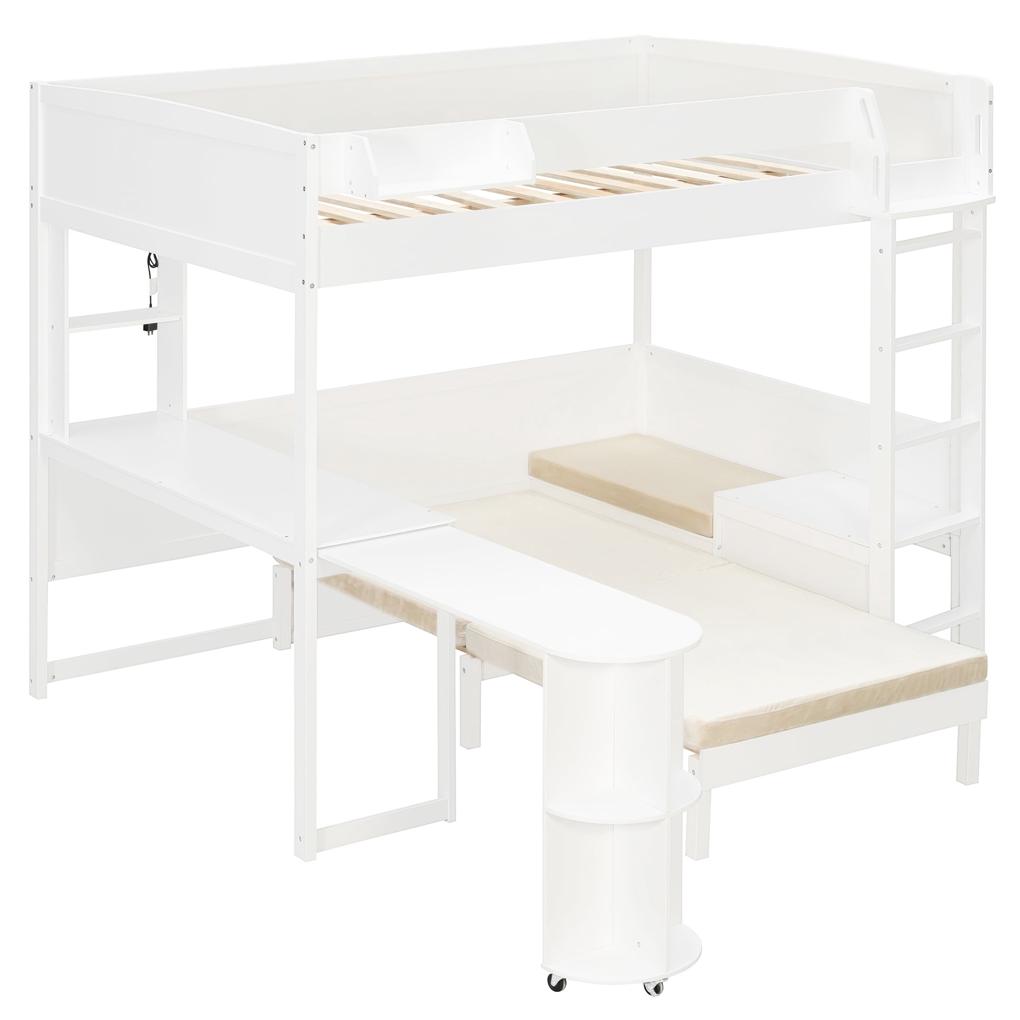 Mintazer Full Size Loft Bed with Desk, LED Light, Bedside Storage Shelf & Sofa Bed Space Saving for Apartment, Bedroom, White