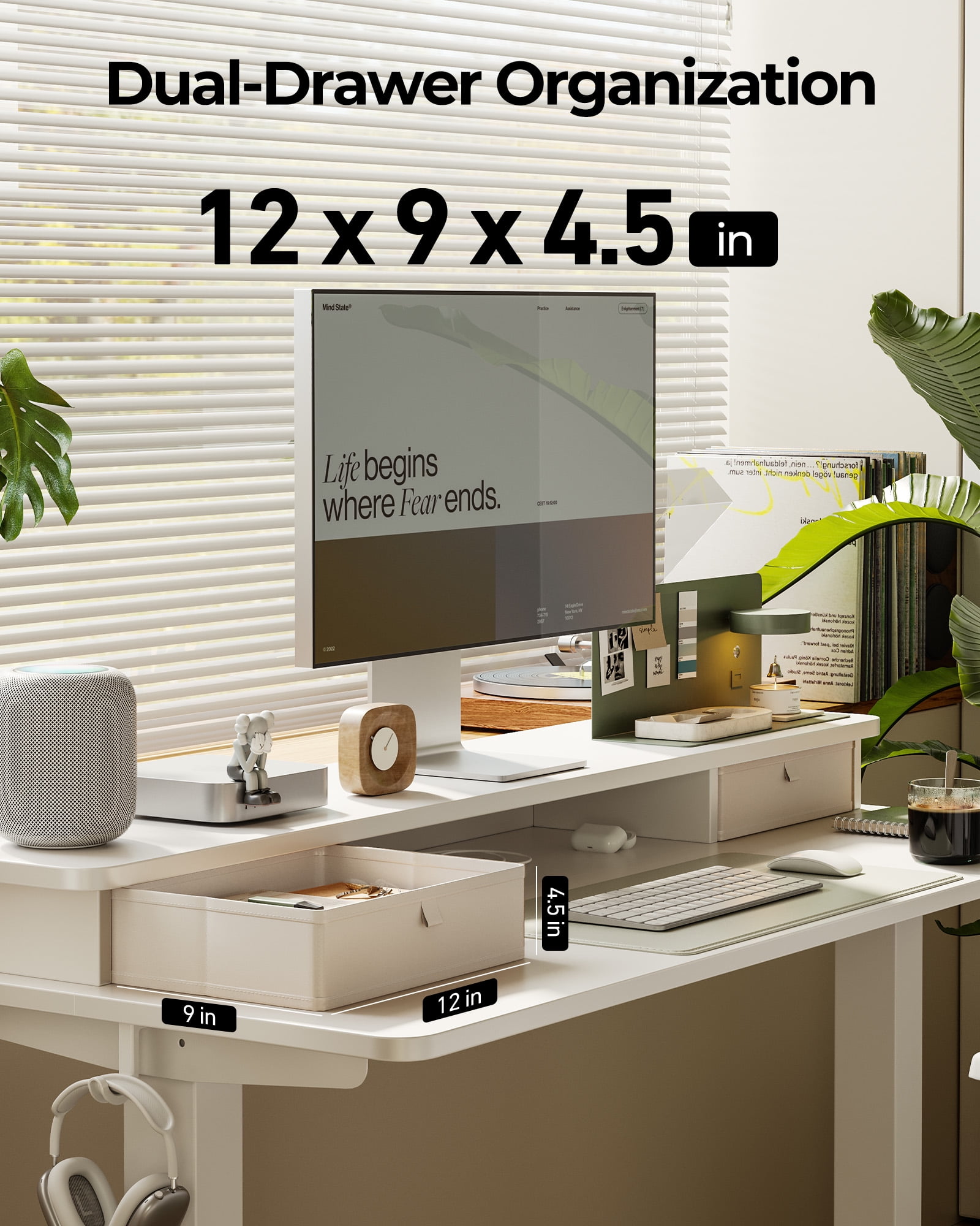 DESINO 63" x 28" Height Adjustable Electric Standing Desk with Double Drawers, Stand Up Desk with Storage Shelf, Home Office Desk Workstation with Splice Board, White