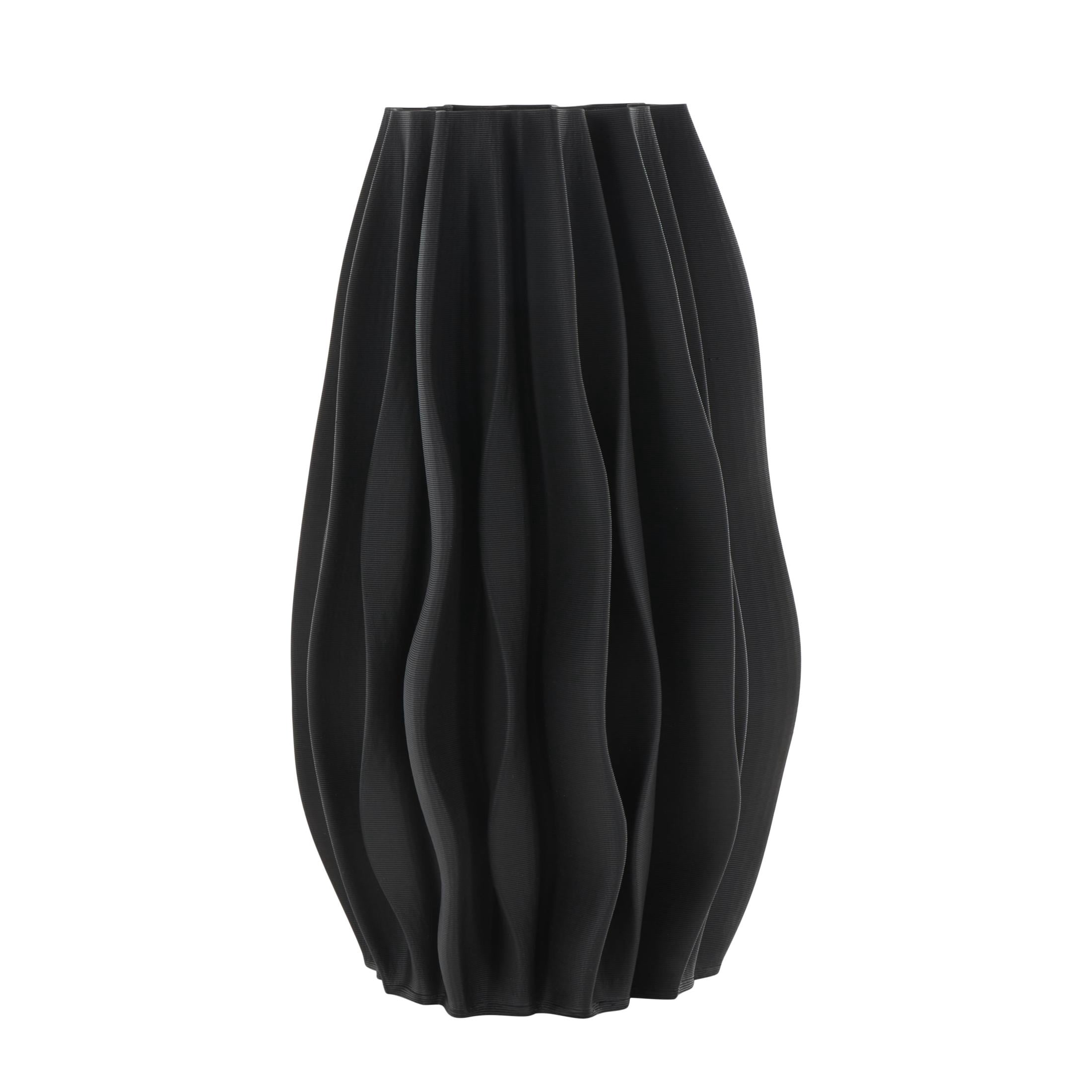 DecMode 14" Abstract Dimensional Wavy Ribbed Black Ceramic Vase with Floral Shaped Rim