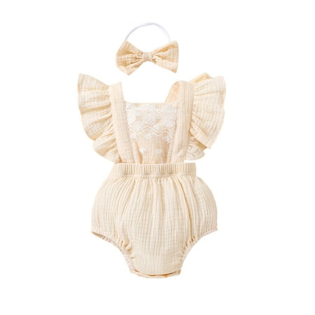 

Infant Baby Girls Cotton Linen Romper Lace Embroidery Ruffles Fly Sleeve Square Neck Jumpsuits Bodysuits with Headband