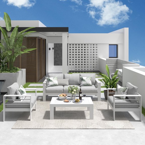CozyHom 5-Seat Outdoor Patio Aluminum Sofa Furnitre Sets For All-Season White Porch Couch Set, Indoor Patio Blancos Outdoor Aluminum Sectional Conversation Set With Table And Cushions, White
