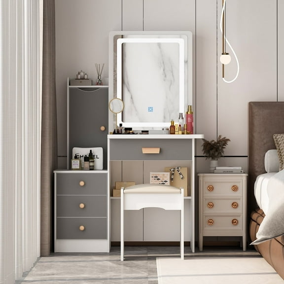 MONSLIPA Makeup Vanity Desk Set w/ Light, Sturdy Dressing Vanity Table with Bench, Shelves & Drawers