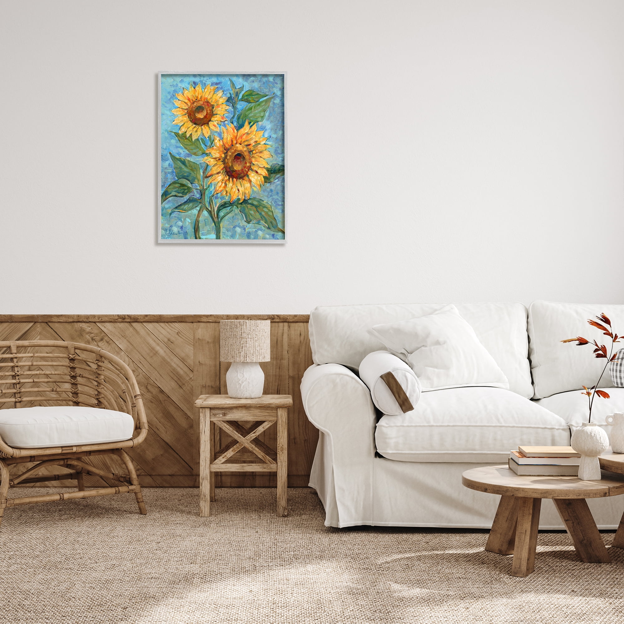 Stupell Industries Traditional Sunflowers on Blue Botanical & Floral Painting Gray Framed Art Print Wall Art, 24 x 30