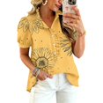 thumbnail image 2 of Boho Patchwork Print Blouse for Women, V-Neck Short Sleeve Button Down Top with Puff Sleeves - Colorful Casual Summer Tunic Shirt for Vacation & Beach Yellow XXL, 2 of 6