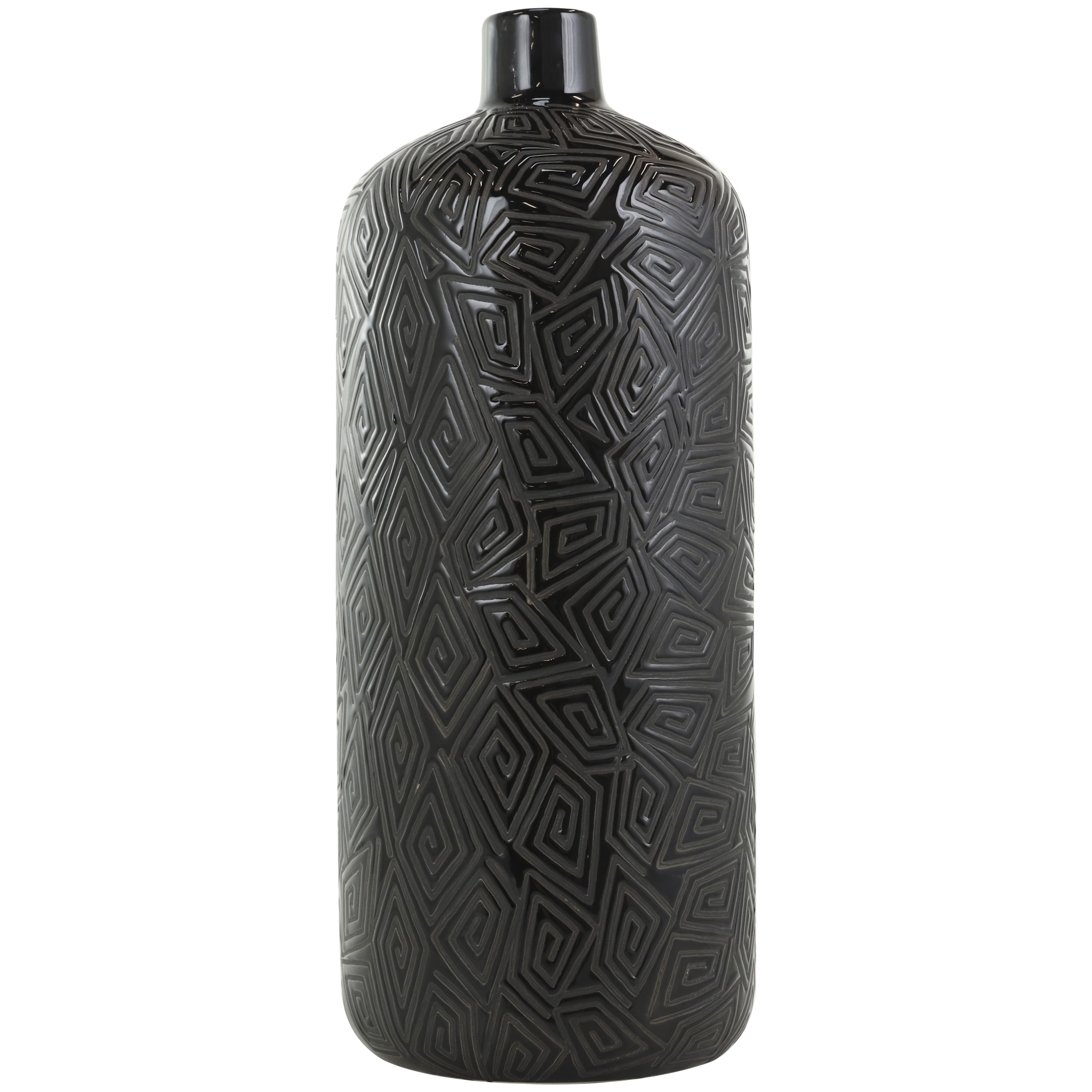 DecMode 19" Black Ceramic Vase with Geometric Etchings