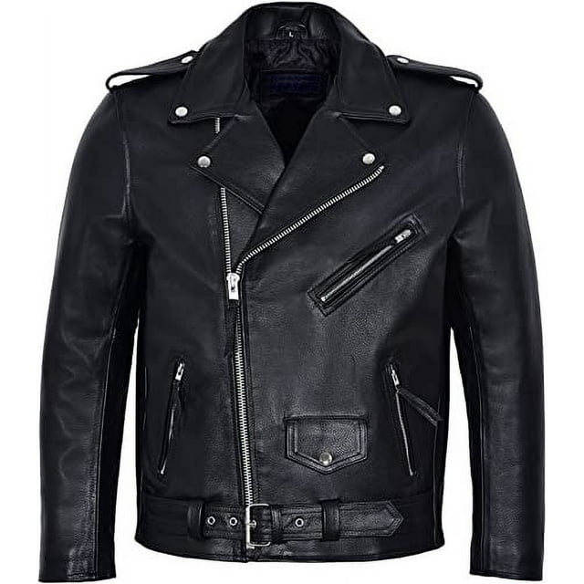 Black Biker Leather Jacket With Notched Lapels And Waist Belt Mens Black Leather Motorcycle Jacket Black Leather Riding Jacket Double Rider size S