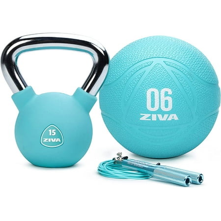 UPC: 4895202543730 | ZIVA Functional Workout Kit | Premium Urethane 6-Pound Medicine Ball 15-Pound Kettlebell Speed Jump Rope for Core Training Strength Balance Agility – Turquoise…