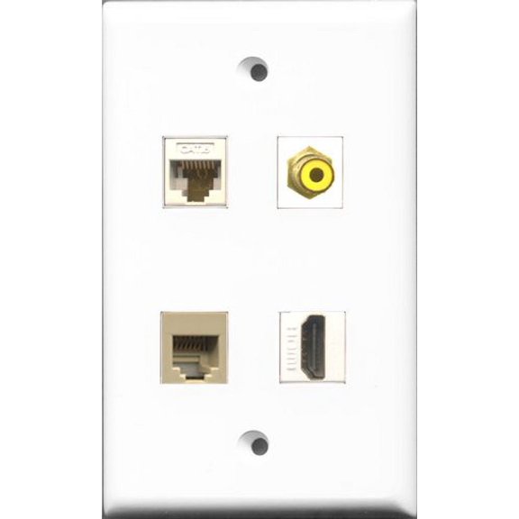 RiteAV 1 Port HDMI and 1 Port RCA Yellow and 1 Port Phone RJ11 RJ12 Beige and 1 Port Cat6 Ethernet White Wall Plate