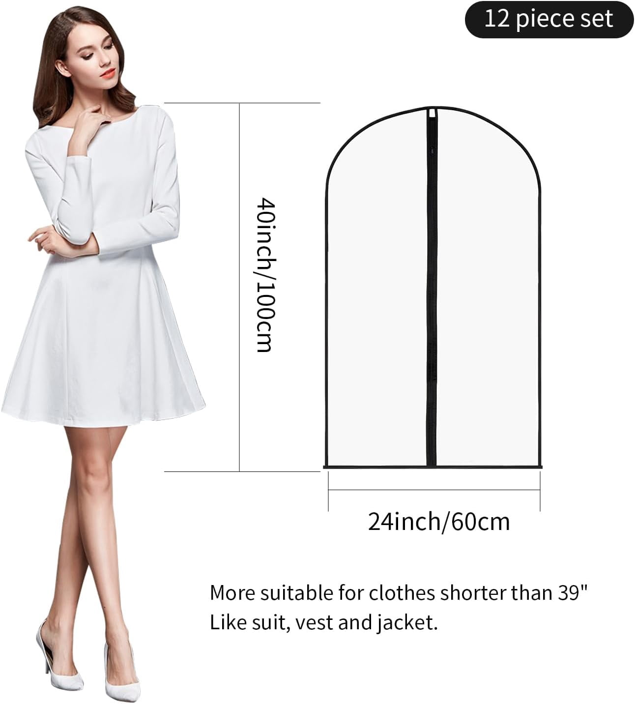 ABPETE 12 Pack 40" Garment Bags Clothes Covers Protecting Dusts for Hanging Clothes, Suit Bags with Zipper Suit Bags Clear Garment Bag for Travel, Closet Storage, Coat, Dress, Shirts